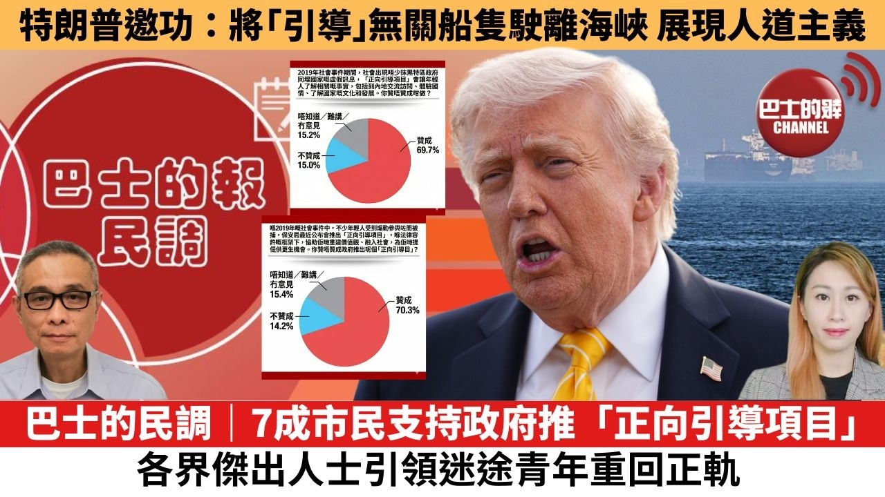 【每日焦點新聞 】巴士的民調｜7成市民支持政府推「正向引導項目」，各界傑出人士引領迷途青年重回正軌。特朗普邀功：美方將「引導」無關船隻駛離海峽，展現人道主義。 26年05月04日