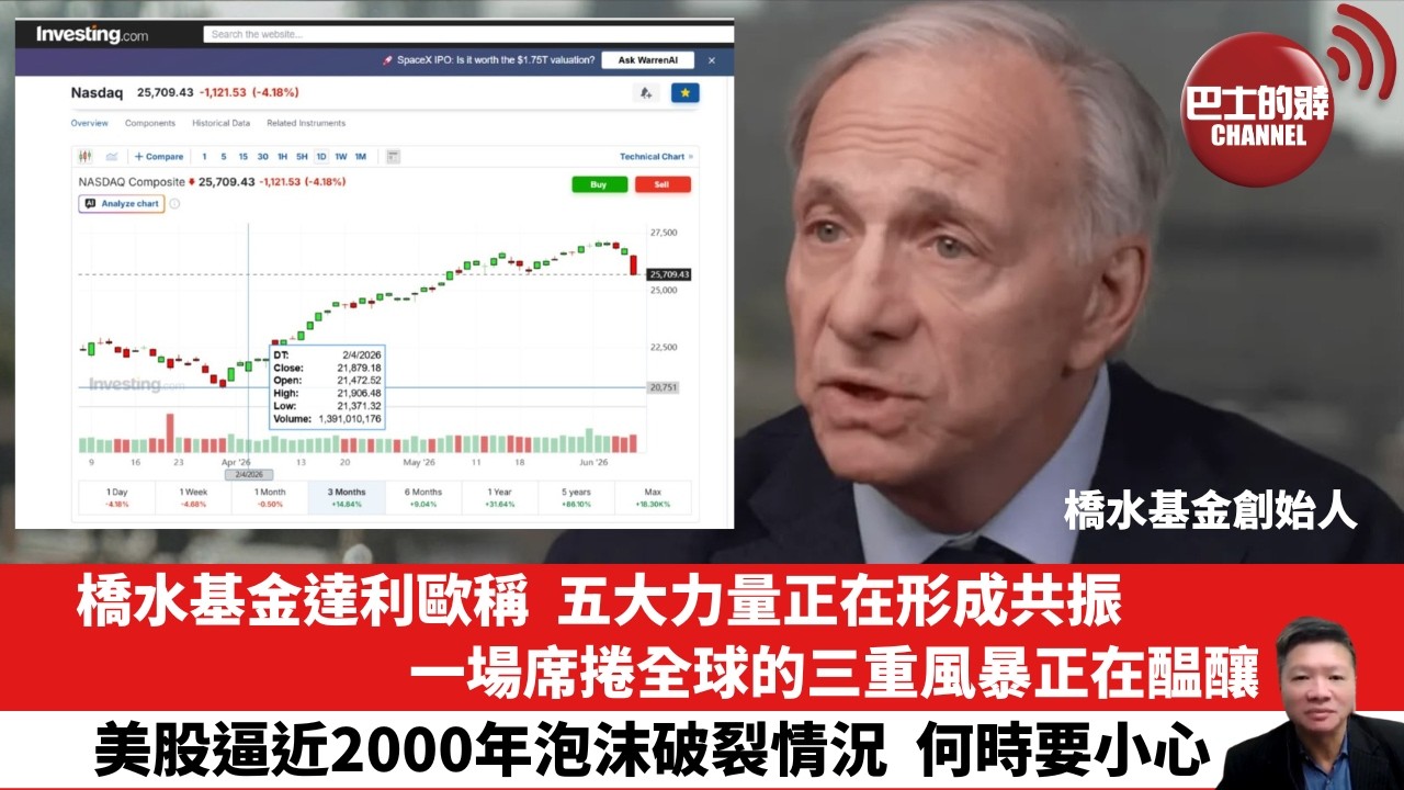 【晨早直播】橋水基金達利歐稱，五大力量正在形成共振，一場席捲全球的三重風暴正在醖釀。美股逼近2000年泡沫破裂情況，何時要小心？26年6月7日